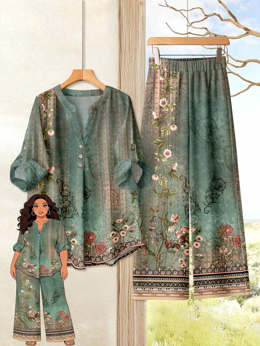 Rusticease Conjunto de 2 piezas con blusa de estampado floral casual y pantalones anchos y sueltos, adecuado para mujeres de talla grande en primavera/verano, oficina, viajes - Multicolor - Ver 1