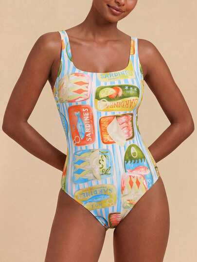 Travachic 1pc Women Abstract Line Star Print Allover Print Square Neck One-Piece Swimsuit, Suitable For Beach In Summer,Summer Outfits For Women,Swimsuits For Woman,Bathing Suits For Women