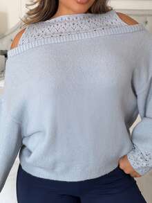 Maria Perezxox 女士宽松镂空落肩长袖休闲毛衣，秋季 - 藍色 - 查看 6