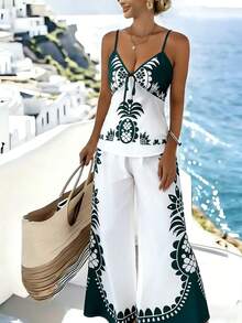 Rafferiza Conjunto de 2 piezas de camiseta ajustada con estampado floral y pantalones de pierna ancha para vacaciones de verano de mujer - Verde - Ver 3