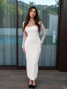 Hitanina 女款夏季新款派對約會晚宴性感S型蕾絲長袖胸杯魚骨方領緊身貼臀黑色長洋裝白色洋裝，波希米亞風格，適合嬌小女性 - 白色 - 查看 6