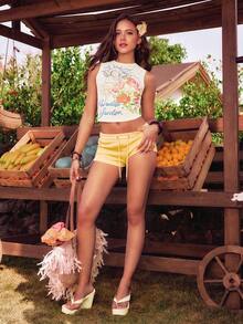 ROMWE Island Babe Floral Angel English Print Rhinestone Embellished Women's Fitted T-Shirt - White - View 1