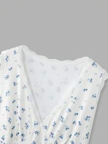 lacRébo 米白色和蓝色碎花针织长款连衣裙，V领设计，白色蕾丝滚边，适合春夏度假穿着，法式巴黎风情，可爱晚礼服，复古假日连衣裙。 - 白色 - 查看 9