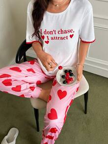 SHEIN 心形字母印花休闲圆领短袖女士睡衣套装 - 彩色 - 查看 5