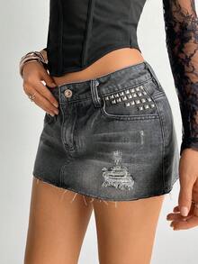 Aloruh Minifalda vaquera casual y versátil para mujer con bolsillos, botones, diseño rasgado y remaches, adecuada para uso diario - Gris Claro - Ver 1