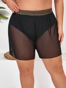 SHEIN CURVE+ Summer Beach Plus Contrast Tape Mesh Cover Up Shorts, Beach For Woman,Plus Size For Woman - Black - View 5