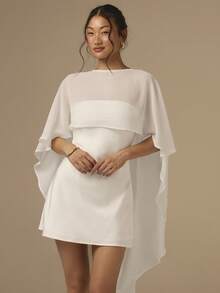 COSMINA 2 piezas/Set Vestido mini de satén con corte sesgo y capa chal para mujer, vestido de cóctel de unicolor para boda, fiesta, evento, vacaciones, blanco - Blanco - Ver 4