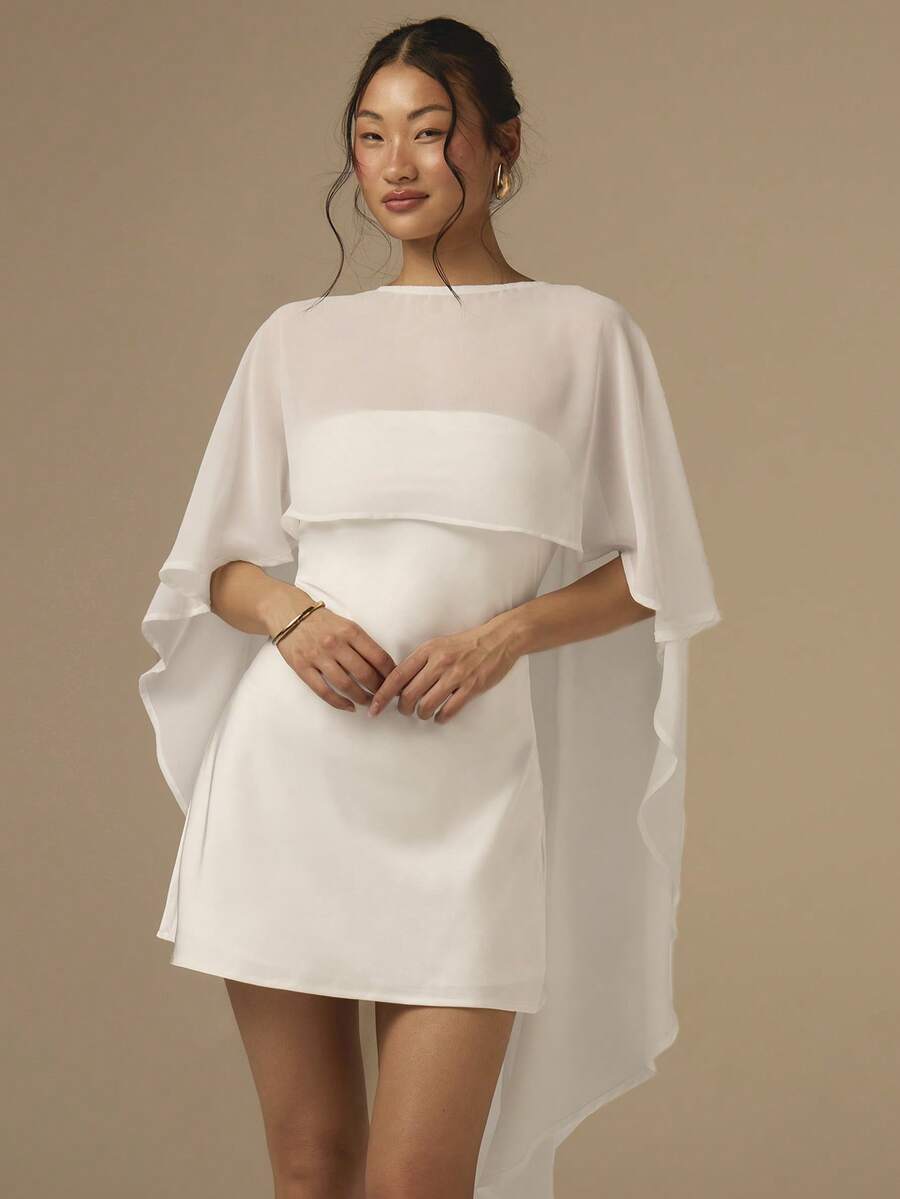COSMINA 两件套女士缎面斜裁迷你连衣裙及披肩，纯色鸡尾酒会礼服，适合婚礼、派对、活动、度假等场合，白色 - 白色 - 查看 1