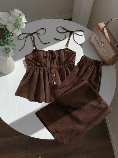 GlowEve Women's Elegant Casual Commuter Brown Tie-Waist Cropped Camisole Top + Women's Elegant Casual Commuter Brown Tie-Waist Straight Pants, Spring/Summer