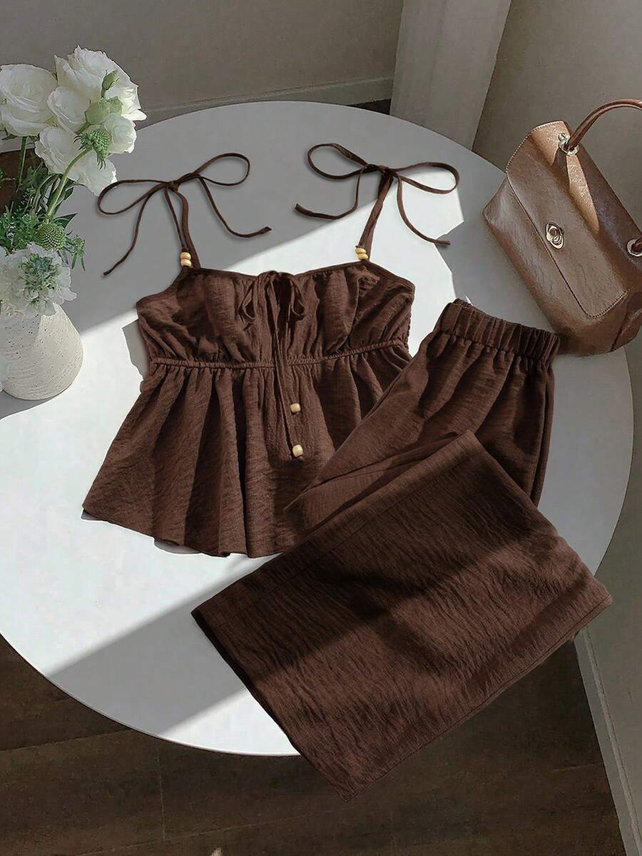 GlowEve Bộ đồ nữ thanh lịch, thoải mái, màu nâu, kiểu áo hai dây lửng thắt eo + quần ống đứng thắt eo màu nâu, thích hợp cho công sở, mùa xuân/hè. - màu nâu - Xem 1