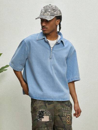 GALLERY FADE Loose Collar Open Slit Striped Short Sleeve Polo Casual Versatile