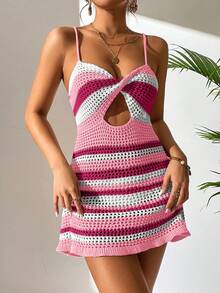 SHEIN Swim 休闲度假沙滩条纹多功能罩衫连衣裙，打结荷叶边下摆性感镂空纹理设计，春夏款 - 粉色 - 查看 4