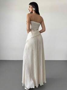 Firerie 女士优雅刺绣纹理面料不对称下摆褶皱 A 字连衣裙，浪漫度假、音乐节、日常穿着、夏季 - 杏色 - 查看 3