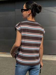 DAZY Striped Round Neck Sleeveless Padded Shoulder Women T-Shirt - Coffee Brown - View 2