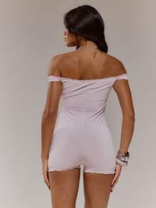 MUSERA Lace Trim Bardot Fitted Mini Playsuit Unitard Cute Spring Easter Occasion Girly Sexy Going Out Mothers Day Soft Bloom - Pink - View 2