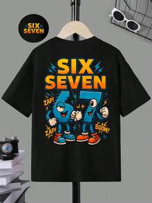 Tween Boy Spring And Summer Casual Stylish Creative Personalized Refreshing Minimalist Numeric 67 Lightning Bolt Graphic Letter Slogan Print Basic Short T-Shirt, Comfortable Daily Wear For Boys - Black - View 7