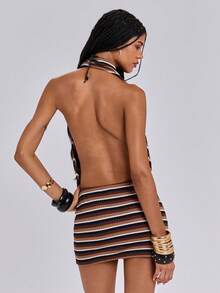 ROMWE Spring/Summer Y2K Sexy Vacation Knit Striped Hollow Deep Draped Neck Halter Dress - Brown - View 2
