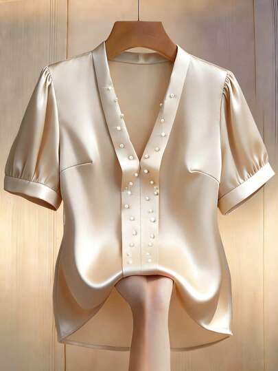 GlowEve CURVE 大码女式V领优雅珍珠装饰修身衬衫，适合：日常通勤、休闲约会、轻松社交场合、正式活动