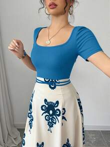 Rafferiza 女士优雅修身腰带旗袍式印花短袖连衣裙夏季大学生服装 - 藍色 - 查看 4