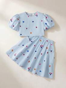 Maija Kids Maija Kids Bộ 2 váy chữ A tay phồng thêu hoa màu xanh dương, có túi, dành cho bé gái tuổi teen, thích hợp cho các hoạt động thường ngày, du lịch, tụ họp, lễ hội, mùa hè và mùa xuân. - Màu xanh lam - Xem 2