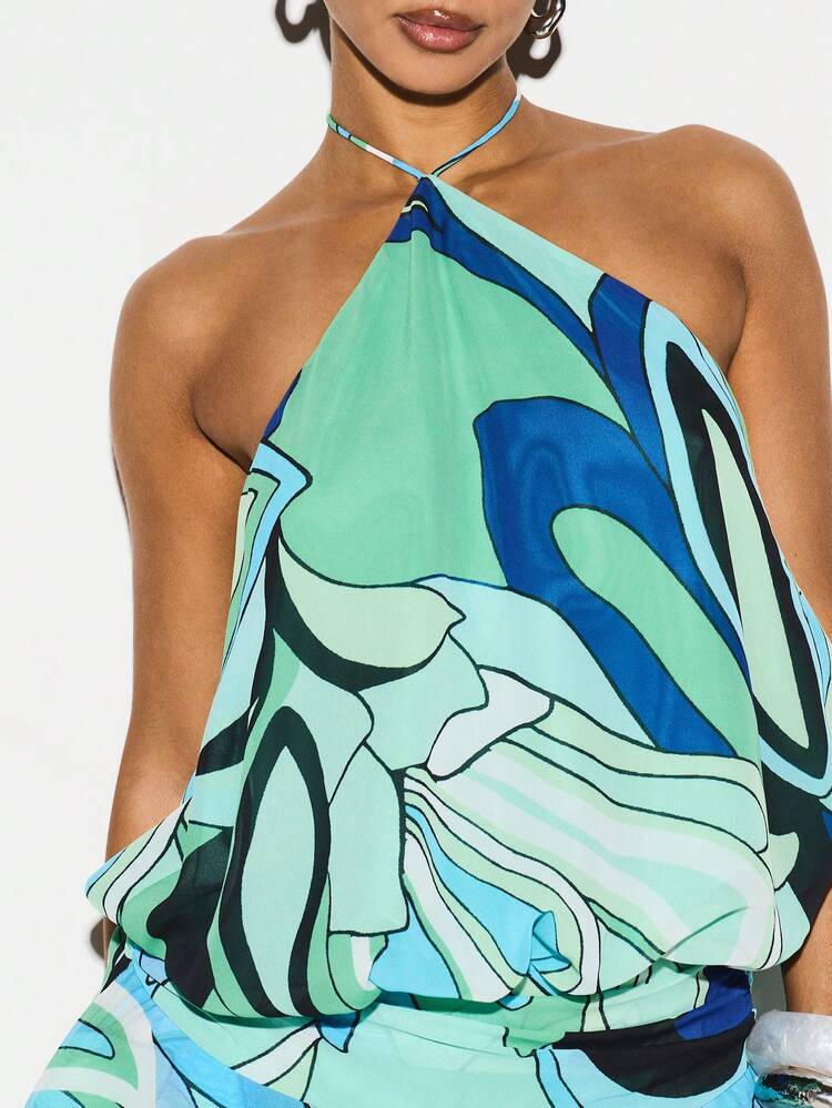 KIZN Women's Printed Chiffon Halter Neck Mini Dress With Ruffle Hem Abstract Swirl Pattern Summer Party Cocktail Sleeveless Backless