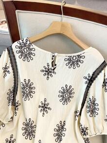 GlowEve CURVE Plus Size Women's Black And White Bohemian Print Blouse Top,Elegant Summer Boho French Style Loose Fit Casual Short Sleeve Shirt For Tea Party,Beach - Multicolor - View 6
