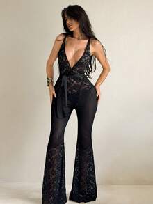 Sirith Women's Sexy Contrast Lace Deep V-Neck Backless Jumpsuit, Summer - Black - View 6