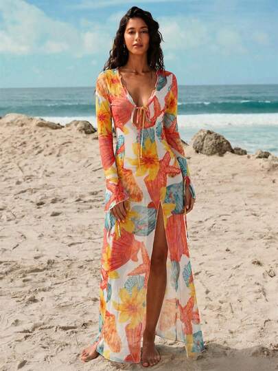 Opulessa Knitted Mesh Printed Split Hem V-Neck Long Sleeve Dress For Women