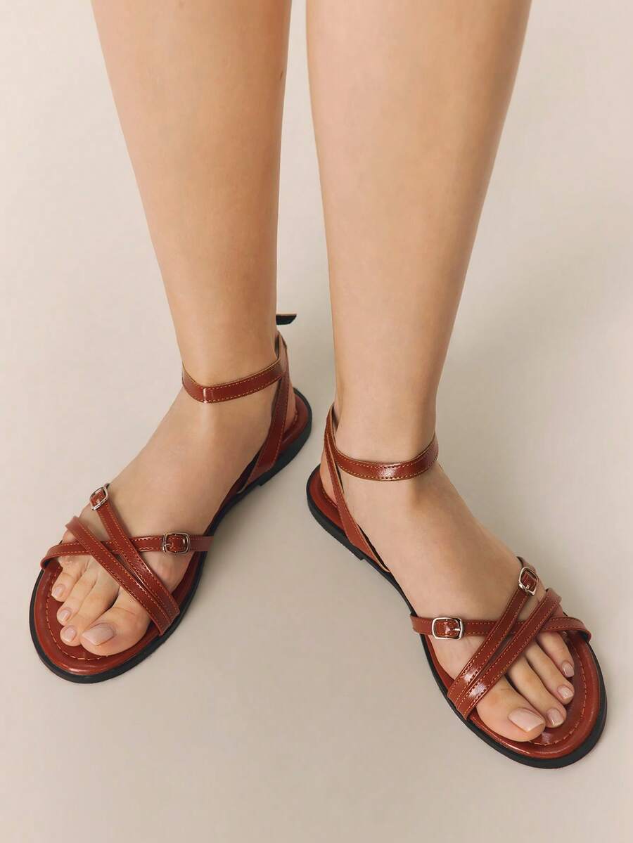Styleloop Ladies Buckle, Decoration, Flat Sandals, Holiday Atmosphere, Summer Wear, Travel Essentials - Brown - View 1