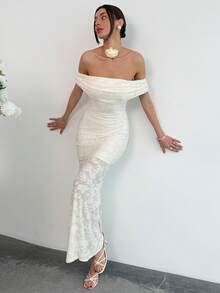 Aloruh Women's Elegant Off-Shoulder Mermaid Dress, Bohemian Style Cutout Embroidered Extra Long Solid Color Apricot Dress Off Shoulder White Dress White Mermaid Dress White Dress Sexy Long White Dress - Beige - View 10