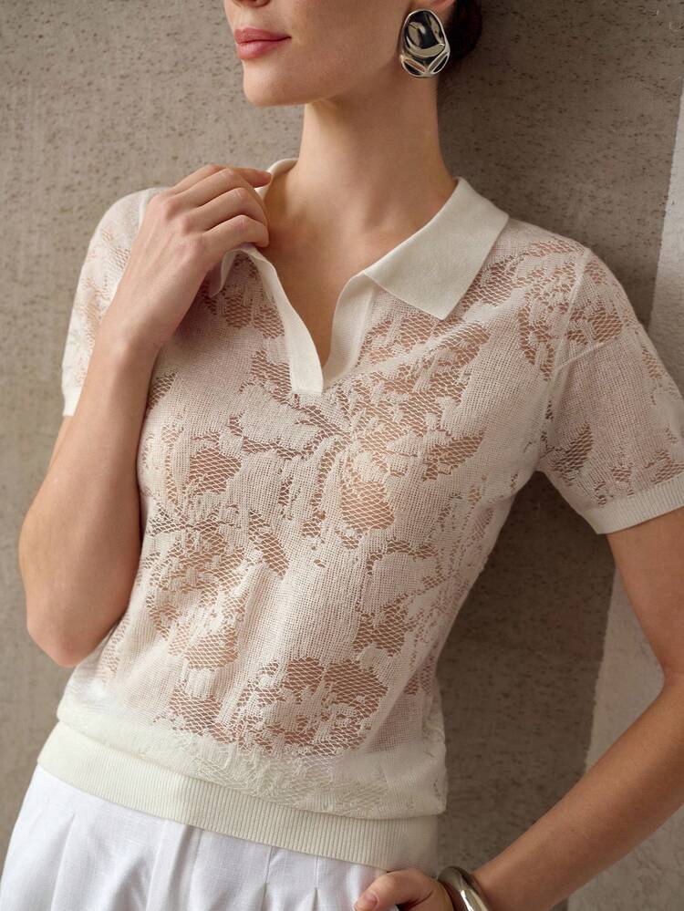 POINTELLE KNIT SOLID V-COLLAR KNIT TOP