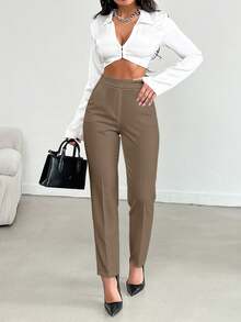 Women's Solid Color High Waist Casual Loose Pants - Mocha Brown - View 5