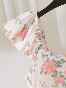 Trelyra 喇叭袖方领露背拉链腰部印花长裙，适合春、夏、秋、冬四季穿着，适合度假，优雅女士休闲连衣裙，百搭日常穿着、约会、通勤皆宜，蓝色印花连衣裙也适合办公室、派对、海滩等场合。 - 彩色 - 查看 5