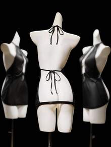 SHEIN 露背黑色透明拼接性感女式睡袍 - 黑色 - 查看 2