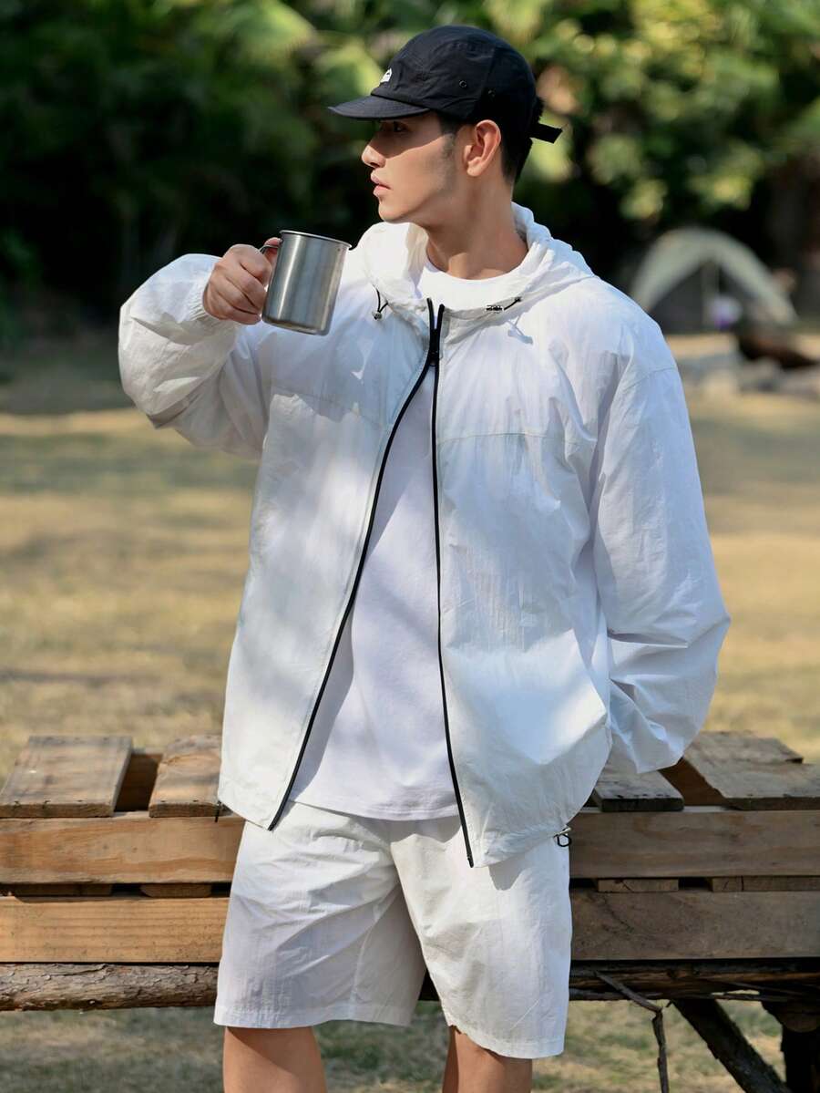 DAZY Bộ áo khoác dài tay và quần short mỏng nhẹ dành cho nam, thích hợp cho mùa xuân/hè. - trắng - Xem 1
