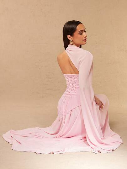 Silquee This Elegant And Sexy Pink Cocktail Dress With A Spaghetti Strap Neckline And Cutout Details, Featuring An Off-The-Shoulder High-Slit Design, Is Paired With A Solid-Color Chiffon Scarf-Tied A-Line Sleeveless Dress. The Fitted Bodice And Elegant A-Line Silhouette Perfectly Embody The Essence Of Spring And Summer, Exuding A Refined And Charming Aura. Its Luxurious Vintage Style Makes It An Ideal Choice For Spring And Summer. Suitable For Afternoon Tea, Casual Parties, And Various Other Occasions.