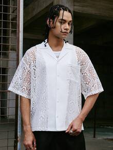 PAVTROS Men's Hollow Out Single-Breasted Casual Versatile Daily Wear Short Sleeve Shirt - Brown - View 4