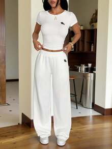 SHEIN PETITE 2pcs/Set Women Embroidery Knit Fitted Home Outfit, Summer White - White - View 4