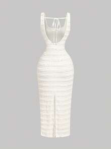 SHEIN MOD Apricot Textured Open Back Bowknot Tie Dress - Apricot - View 2