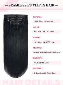 Seamless Clip Ins 18 Inch 8 Pcs 120g Seamless Clip In Hair Extensions Black Clip In Extensions Pu Weft Real Human Hair Clip Ins Silky Straight For Thinning Hair - S1 - View 3
