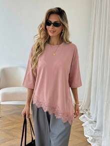 SHEIN LUNE Áo thun nữ dáng suông màu trơn, vạt áo bất đối xứng, phối ren, trang phục cơ bản hàng ngày cho mùa xuân và mùa hè. - Bụi hồng - Xem 4