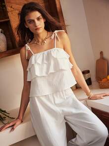 Bohemian Style 100% Cotton Camisole Pajama Set For Women - White - View 5