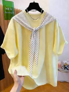 SHEIN Franclia 法式芥末黄波点印花披肩领短袖宽松T恤，夏季 - 淡黃色 - 查看 4