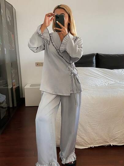 DAZY Elegant Satin Ruffle Trim Decorative Lapel Women Pajama Set