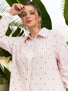 VOLUPTÉ CURVE Plus Size Summer White Eyelet Embroidery Cotton Collar Long-Sleeve Ruffle Loose Blouse For Party, Beach, Graduation, Festival, Going Out, Birthday - Pink - View 5
