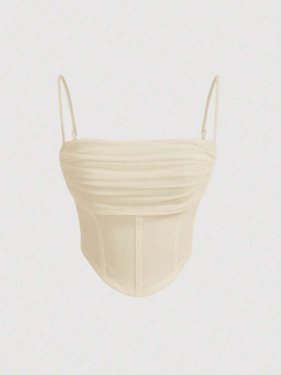 SHEIN Girlism Teen Girl Knit Mesh Ruched Camisole Top - Apricot - View 1