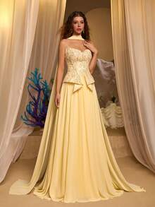 Glamrae Elegante, romántico, de moda y digno vestido de línea A con bustier de tela de gasa amarilla con parches de cuentas, adecuado para fiestas elegantes, bodas, despedidas de soltera y cenas formales - Amarillo - Ver 7