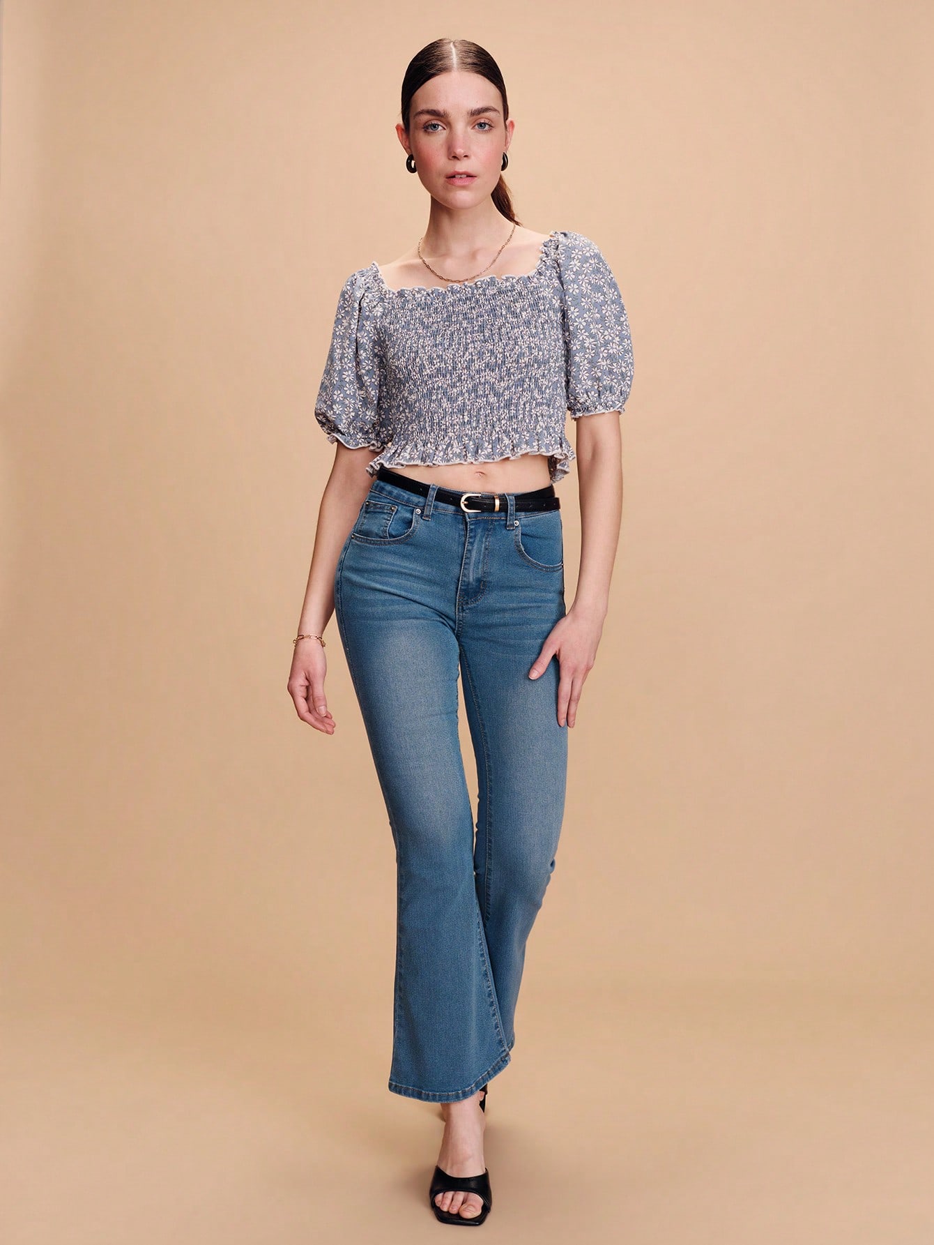 Blue Floral Print Shirred Petal Sleeve Top With Lace Up Back Spring Summer Boho French Style Parisian Style Ditsy Top Vacation Top