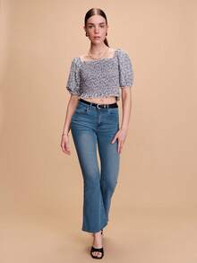 lacRébo Blusa con estampado floral azul, mangas con volantes fruncidos y cordones en la espalda, estilo bohemio para primavera y verano - Azul - Ver 4