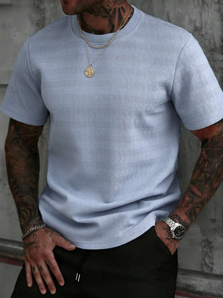 Manfinity CasualCool Camiseta de cuello redondo de manga corta para hombre, camiseta de punto acanalado de unicolor para hombre, camiseta casual para hombre, adecuada para salidas diarias, reuniones con amigos, ir al trabajo, es un excelente regalo para novio o esposo - Azul cielo - Ver 1